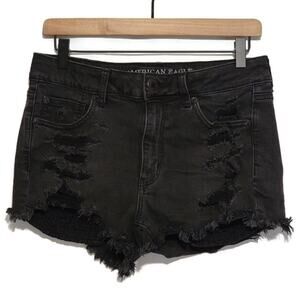 American Eagle High Rise Shortie Distressed Black Stretch Denim Shorts Casual 8